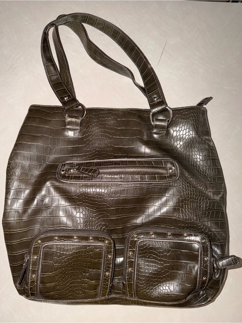 VTG Olive Brown Croc Embossed Studded Utility Tote Bag